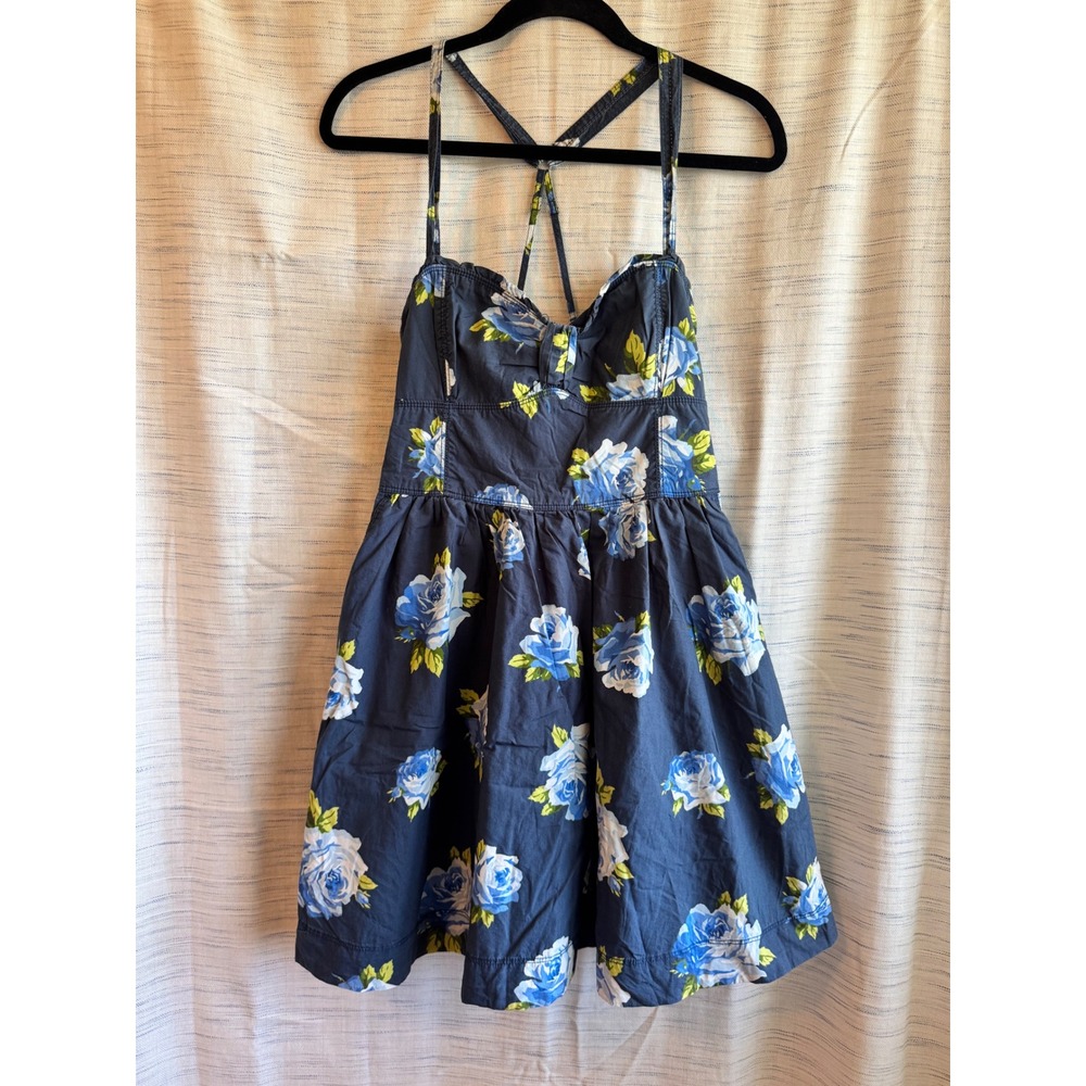 Abercrombie & Fitch Navy Blue Floral Rose Mini Dress Smocked Back Pockets Size M